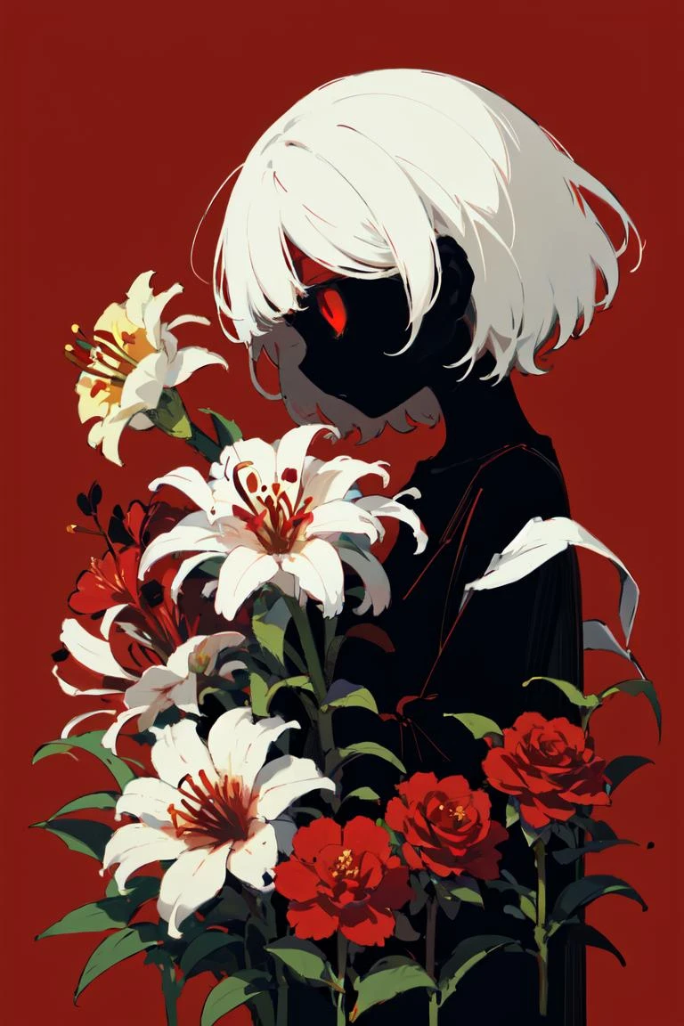avogado6, 1girl, bangs, camellia, daisy, flag_background, flower, from_side, hibiscus, lily_\(flower\), profile, red_background, red_border, red_eyes, red_flower, red_rose, red_theme, short_hair, simple_background, solo, leaning forward, hanging hair, sideways glance, glowing red electric eye, (fierce), spider_lily, white_flower, white_hair, style of Bourgeois, angular, an album cover, purism, <lora:avogado6_Style:0.75>