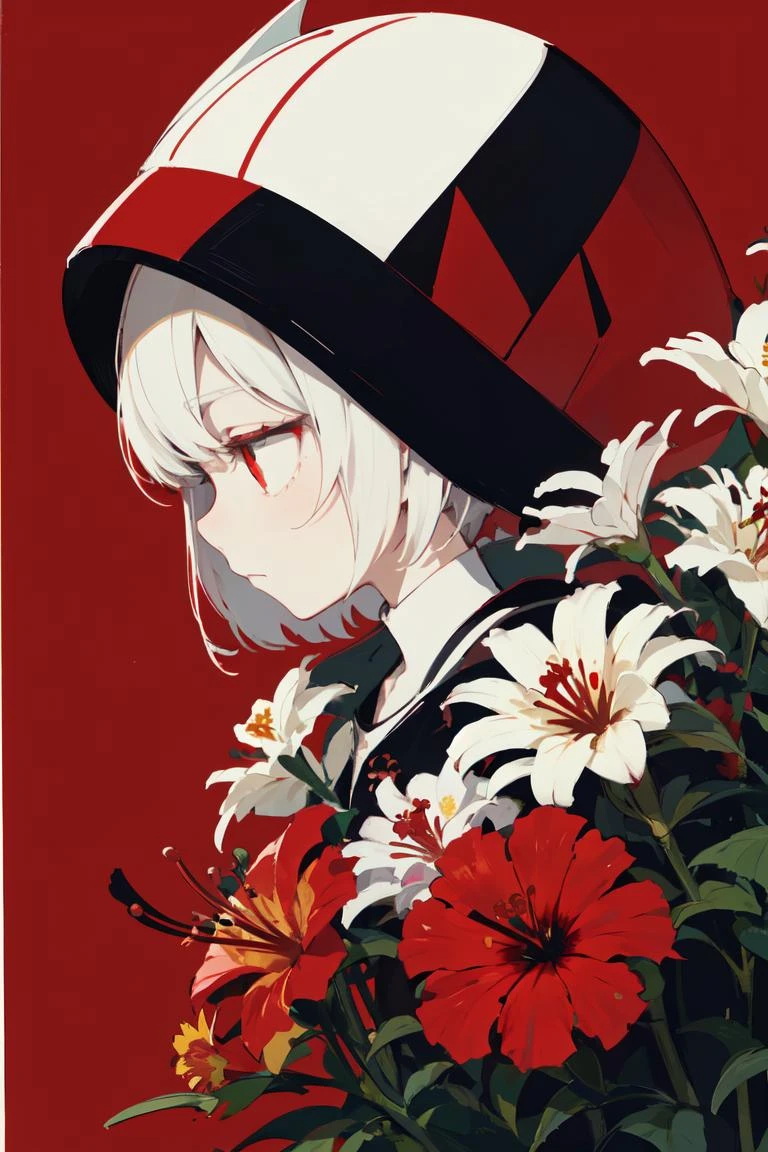 avogado6, 1girl, bangs, camellia, daisy, flag_background, flower, from_side, hibiscus, lily_\(flower\), profile, red_background, red_border, red_eyes, red_flower, red_rose, red_theme, short_hair, simple_background, solo, leaning forward, hanging hair, sideways glance, glowing red electric eye, (fierce), spider_lily, white_flower, white_hair, style of Bourgeois, angular, an album cover, purism, <lora:avogado6_Style:0.4>