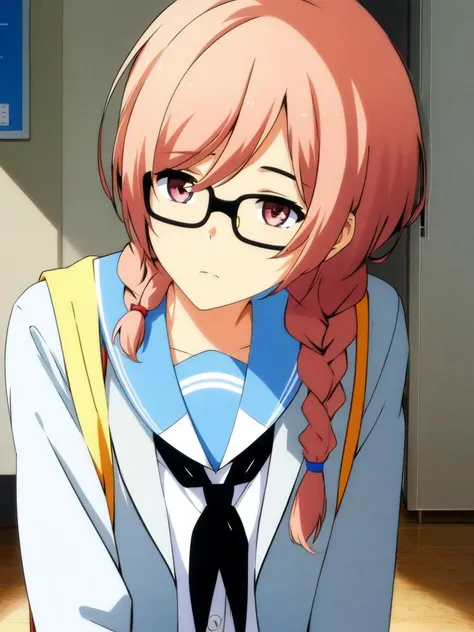 <lora:An_Onoya_v1:0.7>, An_Onoya, 1girl, glasses, two braids, school uniform, light hair