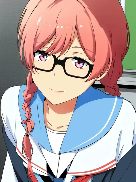 <lora:An_Onoya_v1:0.7>, An_Onoya, 1girl, twin braids, school uniform, smile, closed mouth, glasses