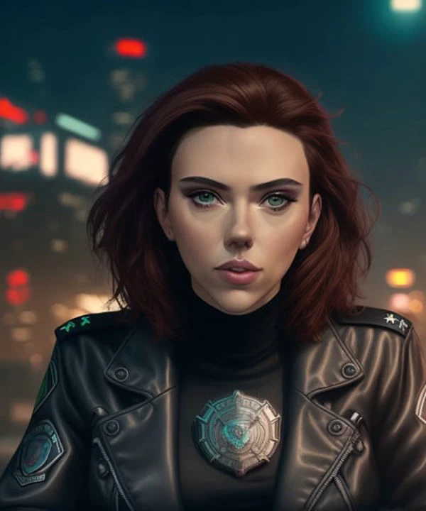 Portrait of scarlett (<lora:scarlettJohanssonLora_v10:1>:0.9) as a beautiful female model, georgia fowler, beautiful face, with short dark brown hair, in cyberpunk city at night. She is wearing a leather jacket, black jeans, dramatic lighting, (police badge:1.2)