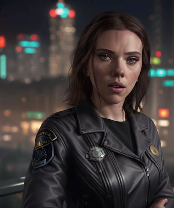 Portrait of scarlett (<lora:scarlettJohanssonLora_v10:1>:0.9) as a beautiful female model, georgia fowler, beautiful face, with short dark brown hair, in cyberpunk city at night. She is wearing a leather jacket, black jeans, dramatic lighting, (police badge:1.2)