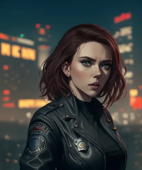 Portrait of scarlett (<lora:scarlettJohanssonLora_v10:1>:0.9) as a beautiful female model, georgia fowler, beautiful face, with short dark brown hair, in cyberpunk city at night. She is wearing a leather jacket, black jeans, dramatic lighting, (police badge:1.2)