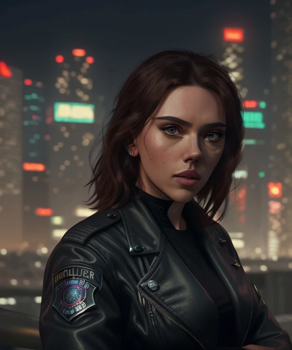 Portrait of scarlett (<lora:scarlettJohanssonLora_v10:1>:0.9) as a beautiful female model, georgia fowler, beautiful face, with short dark brown hair, in cyberpunk city at night. She is wearing a leather jacket, black jeans, dramatic lighting, (police badge:1.2)