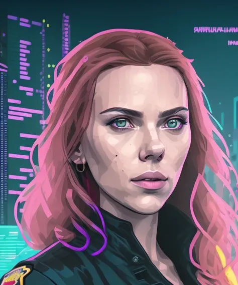 Portrait of scarlett (<lora:scarlettJohanssonLora_v10:1>:0.9) as a beautiful female model, georgia fowler, beautiful face, with short dark brown hair, in cyberpunk city at night. She is wearing a leather jacket, black jeans, dramatic lighting, (police badge:1.2), snthwve style, nvinkpunk