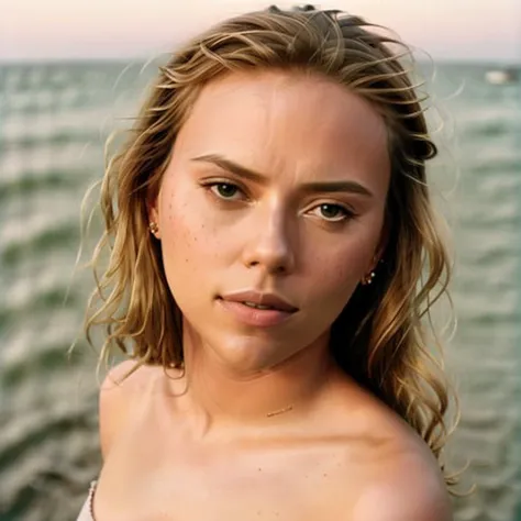 scarlett, hyper realistic photograph, detailed face,summer:: film grain, Kodak portra 800, f1.8, golden hour, <lora:scarlettJohanssonLora_v10:1>