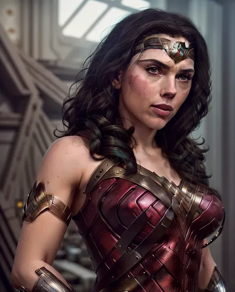 scarlett, (wonder woman cosplay), highly detailed, artstation, smooth, sharp focus, 8K,(underboob), art by artgerm and greg rutkowski and edgar maxence