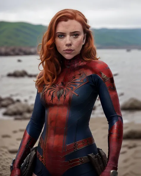 highres, masterpiece, 1girl, solo, best quality, realistic, outdoors, scarlett, ginger hair, looking at viewer, perspective shot, (Spiderman cosplay), sweat, petite, navel, black hair, smirk, aroused, art by artgerm