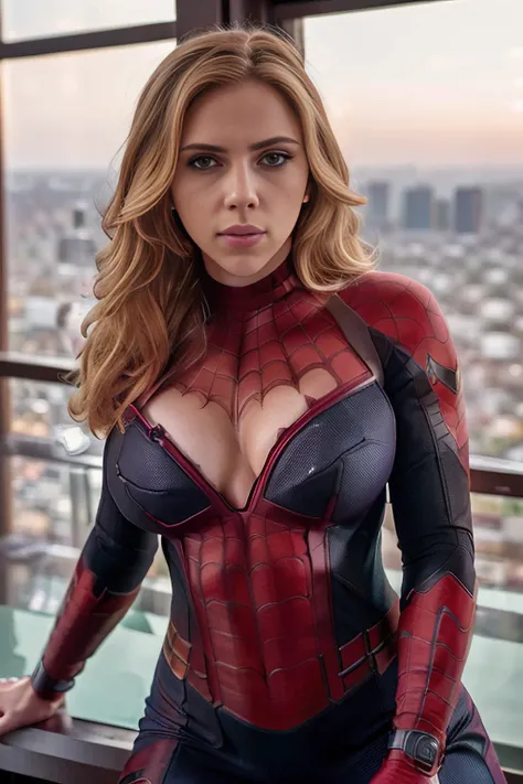A RAW, full body photo of (scarlett), wearing spider-man suit,cosplay, big perky breasts, sexy cleavage, background is landscapes, (high detailed skin:1.2), 8k uhd, dslr, soft lighting, high quality, film grain, Sony a7ii <lora:scarlettJohanssonLora_v10:1>