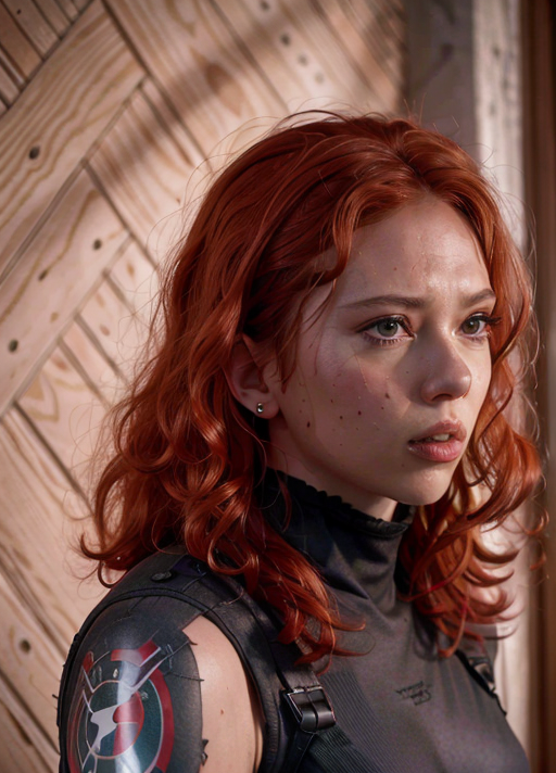 A close up of a woman with red hair and a black top - SeaArt AI