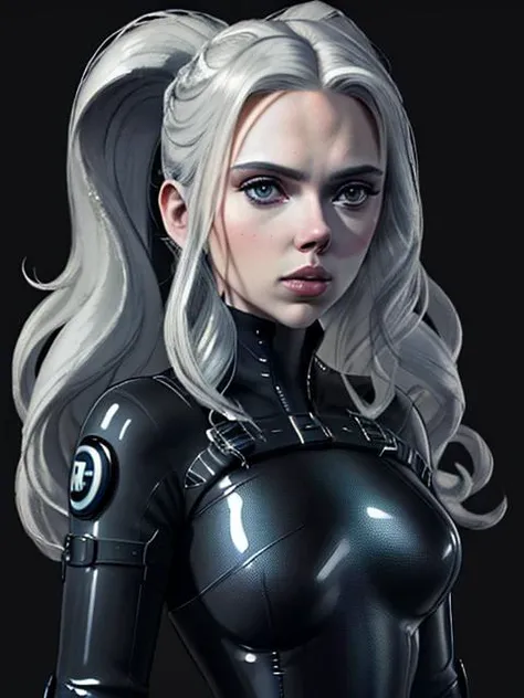 8k, masterpiece, best quality, beautiful, simple background, detailed face features, <lora:scarlettJohanssonLora_v10:0.85>, scarlettJohansson, white long hair, black latex bodysuit,  <lora:aliceNikke_v30:0.6>, (full body image), unreal engine, cinematic,