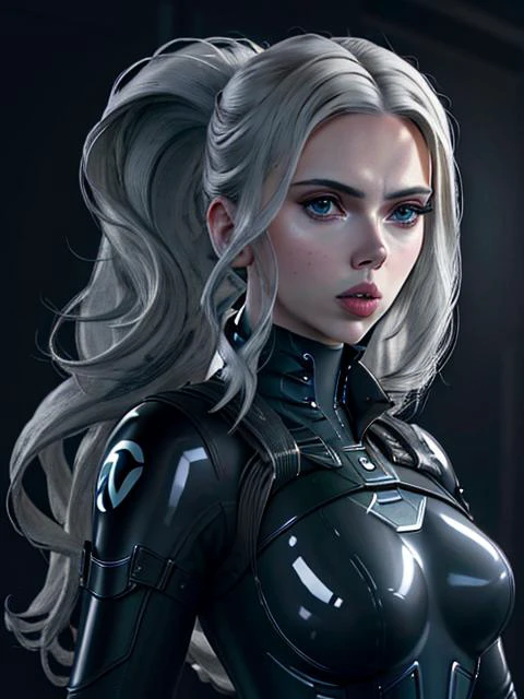 8k, masterpiece, best quality, beautiful, simple background, detailed face features, <lora:scarlettJohanssonLora_v10:0.85>, scarlettJohansson, white long hair, black latex bodysuit, <lora:aliceNikke_v30:0.6>, (full body image), unreal engine, cinematic,