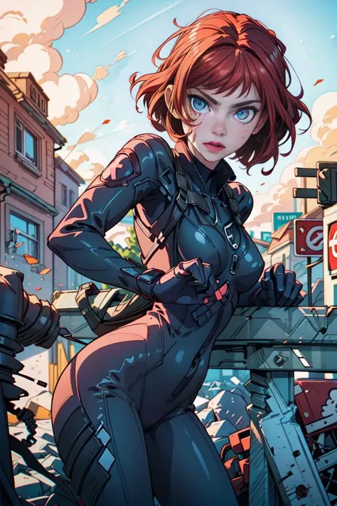 (scarlett:1.2), Scarlett Johansson, (black body suit:1.5), black widow, hair in messy bun, (short hair, red hair, blue eyes:1), ((blue eyes)), (dress:1), red hair, (realistic:1.2),  (masterpiece:1.2), (full-body-shot:1),(Cowboy-shot:1.2), gothic background,  light particles, neon lighting, dark romantic lighting, (highly detailed:1.2),(detailed face:1.2), (gradients), colorful, detailed eyes, (detailed landscape:1.2), (natural lighting:1.2),(detailed background),detailed landscape, (cute pose:1.2), close shot, solo, <lora:Scarlett4:0.7> <lora:add_detail:0.3> <lora:hipoly3DModelLora_v10:0.05>  <lora:RSERomantic_RSESofiko_RSEEmma-v1:0.1>