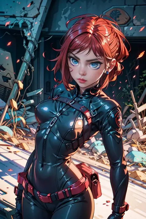 (scarlett:1.2), Scarlett Johansson, (black body suit:1.5), black widow, hair in messy bun, (short hair, red hair, blue eyes:1), ((blue eyes)), (dress:1), red hair, (realistic:1.2), (masterpiece:1.2), (full-body-shot:1),(Cowboy-shot:1.2), gothic background, light particles, neon lighting, dark romantic lighting, (highly detailed:1.2),(detailed face:1.2), (gradients), colorful, detailed eyes, (detailed landscape:1.2), (natural lighting:1.2),(detailed background),detailed landscape, (cute pose:1.2), close shot, solo, <lora:Scarlett4:0.7> <lora:add_detail:0.3> <lora:hipoly3DModelLora_v10:0.05> <lora:RSERomantic_RSESofiko_RSEEmma-v1:0.1>