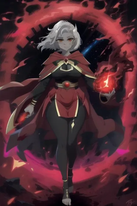 supreme-calamitas, serious expression, serious mouth-closed, glowing amber eyes, piercing glowing amber eyes, anime eyeliner, anime character eyelashes, red and gold cloak, red and gold robe, scar on nose, grey skin, gray skin, skin-cracking on face, black pupil, holding up a fireball, holding a red fireball, inside of a red fire orb, red fire meteors, volcanic background, red fire background, red magma floor, charging a powerful red attack, surrounded by red lasers, prominent horns, full body, far away, bright red sun, red orb, inside of a red fireball, swirling red lasers, calamity brimstone fire, red-fire, thicc, black leggings, huge thighs, huge hips, black leggings, bare feet<lora:SCal:0.85>