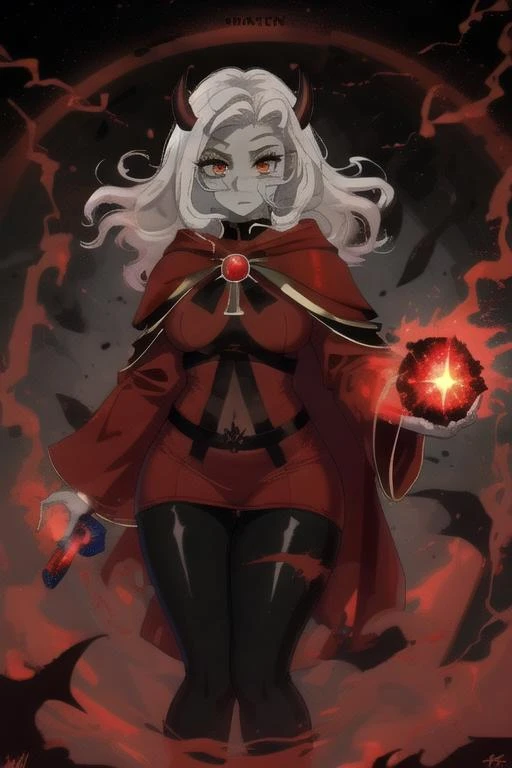 supreme-calamitas, serious expression, serious mouth-closed, glowing amber eyes, piercing glowing amber eyes, anime eyeliner, anime character eyelashes, red and gold cloak, red and gold robe, scar on nose, grey skin, gray skin, skin-cracking on face, black pupil, holding up a fireball, holding a red fireball, inside of a red fire orb, red fire meteors, volcanic background, red fire background, red magma floor, charging a powerful red attack, surrounded by red lasers, prominent horns, full body, far away, bright red sun, red orb, inside of a red fireball, swirling red lasers, calamity brimstone fire, red-fire, thicc, black leggings, huge thighs, huge hips, black leggings, bare feet<lora:SCal:0.85>