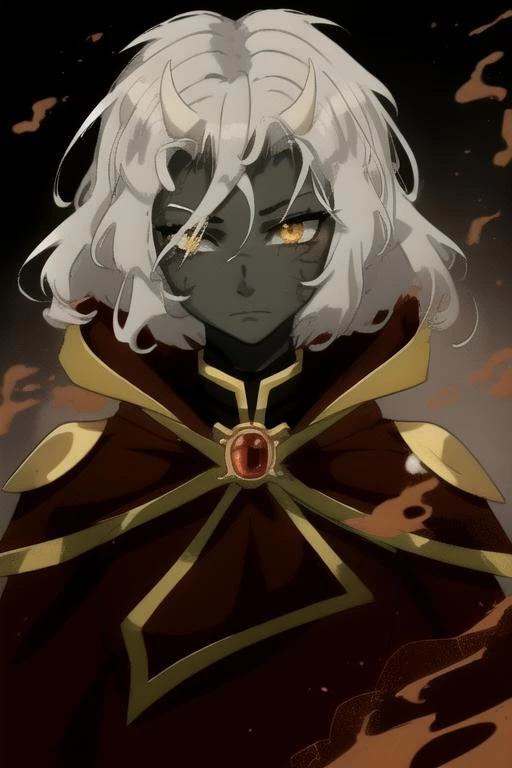 supreme-calamitas, serious expression, serious mouth-closed, glowing amber eyes, piercing glowing amber eyes, anime eyeliner, anime character eyelashes, red and gold cloak, red and gold robe, scar on nose, grey skin, gray skin, skin-cracking on face, black pupil<lora:SCal:0.85>