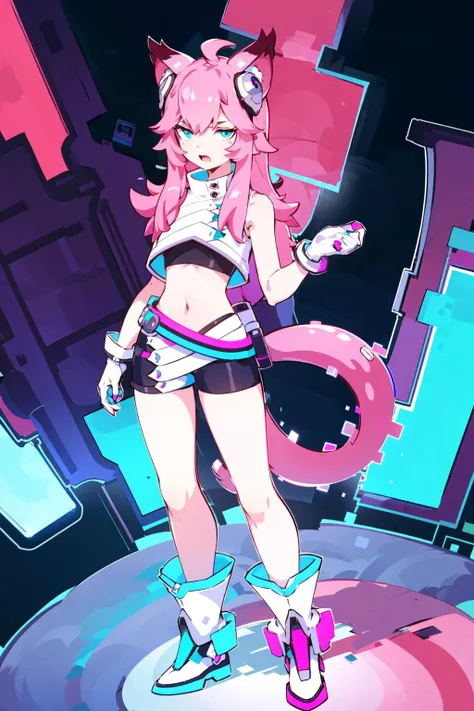 ((masterpiece)), (best quality), (1girl), (solo:1.25), ((standing straight up)), (posture), (full body), animal ears, pink hair, tail, gloves, (outdoors), ((glowing digital pixels)), ((floating glitch)), ((sci fi cityscape)), (arena), cat ears, blue eyes, tail, shorts, thighhighs, bare shoulders, open mouth, bangs   <lora:aimi_30:0.85>