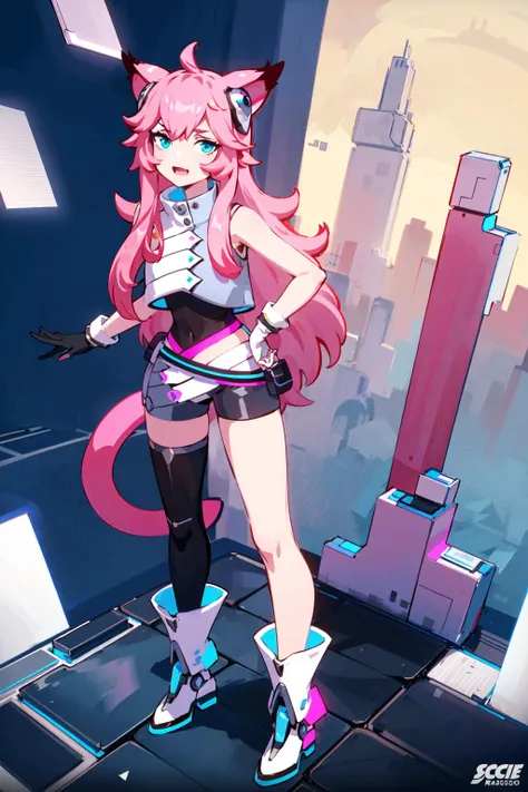 ((masterpiece)), (best quality), (1girl), (solo:1.25), ((standing straight up)), (posture), (full body), animal ears, pink hair, tail, gloves, (outdoors), ((glitching effects)), ((sci fi cityscape)), (arena), cat ears, blue eyes, tail, shorts, thighhighs, bare shoulders, open mouth, bangs <lora:aimi_30:0.8>