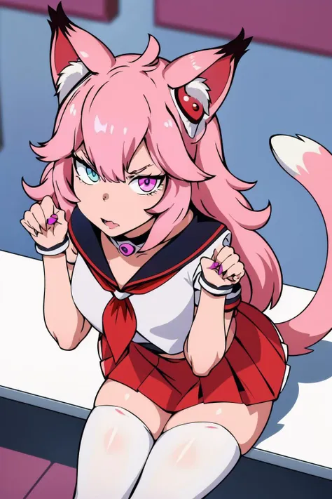 ranka, 1girl, animal ears, wolf girl, wolf ears, wolf tail, tail, , pink hair, skirt, long hair, animal ear fluff, serafuku, pleated skirt, neckerchief, anime style, penis licking, saliva, saliva string, saliva on penis, pov