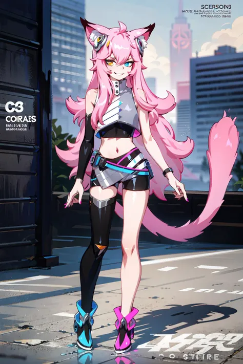 ((masterpiece)), (best quality), (1girl), ((heterochromia)), (full body), (a magazine cover featuring a mature female:1.2), ((text)), animal ears, pink hair, [[short pink tail]], ((detailed hands)), arms spread at sides, (outdoors), ((sci fi cityscape)), (concrete floor), (carbon fibre hexagon panels), shoes, cat ears, (smirk), tail, shorts, detailed legs, thighhighs, bare shoulders, bangs,  <lora:aimi_30:0.75>  <lora:ffyy:0.5>  <lyco:GoodHands-beta2:1.0>