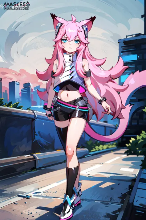 ((masterpiece)), (best quality), (1girl), (full body), (a magazine cover featuring a mature female:1.15), animal ears, pink hair, tail, detailed hands, arms spread at sides, walking, (outdoors), ((sci fi cityscape)), shoes, cat ears, blue eyes, tail, shorts, detailed legs, thighhighs, bare shoulders, bangs, <lora:aimi_30:0.75> <lora:ffyy:0.5> <lyco:GoodHands-beta2:1.0>