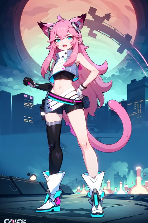 ((masterpiece)), (best quality), (1girl), (solo:1.25), ((standing straight up)), (posture), (full body), animal ears, pink hair, tail, gloves, (outdoors), (blue glow), ((sci fi cityscape)), (arena), cat ears, blue eyes, tail, shorts, thighhighs, bare shoulders, open mouth, bangs <lora:aimi_30:0.8>