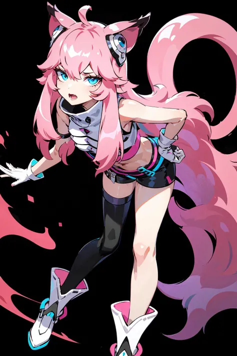 ((masterpiece)), (best quality), 1girl, ((standing straight up)), animal ears, long hair, pink hair, solo, gloves, black background, cat ears, blue eyes, tail, shorts, thighhighs, bare shoulders, open mouth, bangs <lora:aimi_30:0.8>