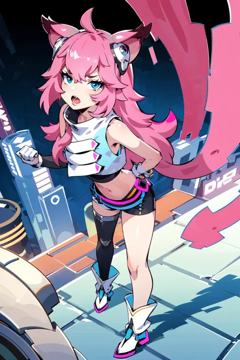 ((masterpiece)), (best quality), (1girl), (solo:1.25), ((standing straight up)), (posture), (full body), animal ears, pink hair, tail, gloves, (outdoors), ((digital pixels)), ((sci fi cityscape)), (arena), cat ears, blue eyes, tail, shorts, thighhighs, bare shoulders, open mouth, bangs <lora:aimi_30:0.9>