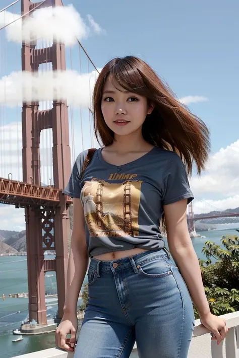 <lora:winnie0620_obj20:0.7>, full_body, standing, sandals, t-shirt, jeans, (golden gate bridge), (winnie0620: 1.3), perfect face, (contact iris: 1.1), pale skin, skin pores , depth of field