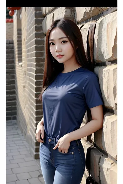 <lora:winnie0620_obj20:0.5>, full_body, standing, sandals, shirt, jeans, (great wall of china), (winnie0620: 1.3), perfect face, (contact iris: 1.1), pale skin, skin pores , depth of field