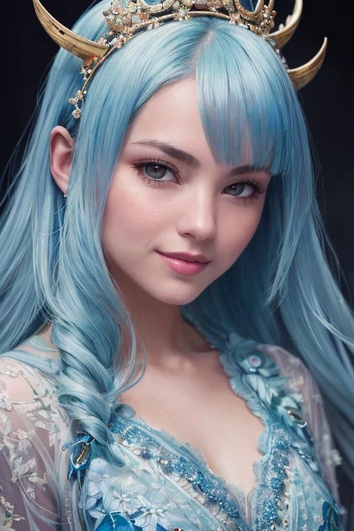 (official art, beautiful and aesthetic:1.2), fractal art:1.3, (zentangle:1.2), (colorful), exotic and elegant style, a photography, 1girl, 20 yo, HD, photo, woman, beautiful dress ornate, style portrait of a gorgeous female in the style of stefan kostic, half body shot, sharp focus, 8 k high definition, insanely detailed, intricate, elegant, art by stanley lau and artgerm, abstract background:1.3, extreme blur flames background:1.3, Princess girl, Blue, Pastel, glitter, dramatic, dreamy, pastel, Watercolor, Whimsical, Delicate, seashell crown, Trending on Artstation, Highly detailed, Intricate, Portrait, digital painting, Fantasy theme, Fantasy robes, Fantasy concept art, Fantasy character art, Smug, Teenage girl, perfect body, full body, dreamy, pastel, Watercolor, Whimsical, Delicate, seashell crown masterpiece, 8k, perfect lighting, adult, female, cowboy shot, looking at viewer, cinematic lighting, Fawn, art by guillermo del toro, (photographed on a Canon EOS R8, 50mm, F1.2, (3/4 body:1.2), dramatic, vibrant), (ultra realistic skin texture:1.4),
(happy and smile)