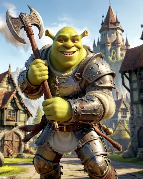 <lora:EnvyActionShotXL01:0.45>, action shot, no trespassers, one Shrek1024 wielding a battleaxe, <lora:Shrek1024:0.5>, (smiling:1.2), (tiny ears:1.3), worn out (old rusty armor:1.4), sunny day, 16k, uhd, dslr, insane details, misc, <lora:add-detail-xl:0.5>, (detailed eyes:1.1), <lora:XL_Weapon_Battleaxe_-_By_HailoKnight2:0.5>, dragon, fire, smoke, masterpiece, epic composition