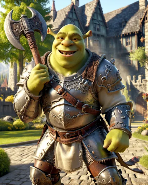 <lora:EnvyActionShotXL01:0.45>, action shot, no trespassers, one Shrek1024 wielding a battleaxe, <lora:Shrek1024:0.5>, (smiling:1.2), (tiny ears:1.3), worn out (old rusty armor:1.4), sunny day, 16k, uhd, dslr, insane details, misc, <lora:add-detail-xl:0.5>, (detailed eyes:1.1), <lora:XL_Weapon_Battleaxe_-_By_HailoKnight2:0.5>, dragon, fire, smoke, masterpiece, epic composition