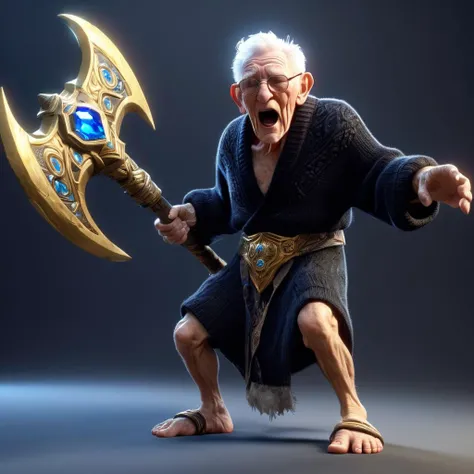 masterpiece, tiny grandpa in black sweater and sandals, screaming, very old person, wrinkly skin , short, unreal engine 5, octane render, BREAK wielding a brushed gold (giant long:1.1) double battleaxe with blue gems and abstract patterns, <lora:BattleAxe:0.4>