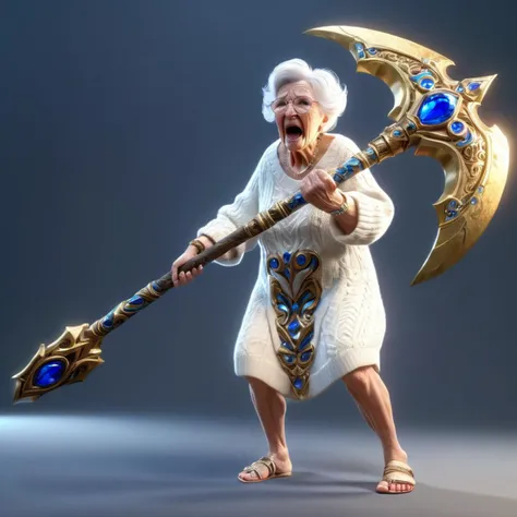 masterpiece, tiny grandma in white sweater and sandals, screaming, very old person, wrinkly skin , short, unreal engine 5, octane render, BREAK wielding a brushed gold (giant long:1.1) double battleaxe with blue gems and abstract patterns, <lora:BattleAxe:0.4>