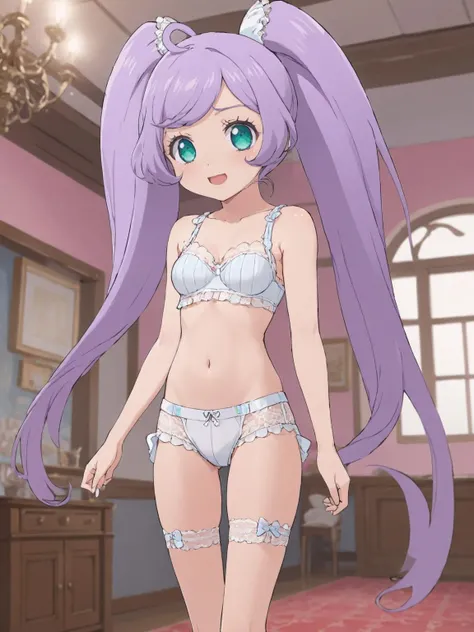 masterpiece, extremely detailed background, 1girl, solo, standing, very long hair, twintails, lace-trimed underwear, bra, panties, indoors, Manaka Laala, smile, <lora:Manaka Laala XL V1-000010:0.5> <lora:SimplePositive_XL_v1_AutoRunMech:1>