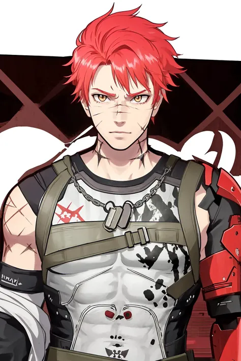 noctis,red hair,neck star\(symbol\) tattoo,arm tattoo,scar on face,single mechanical arm,1boy,masterpiece, best quality, <lora:noctis:1>
