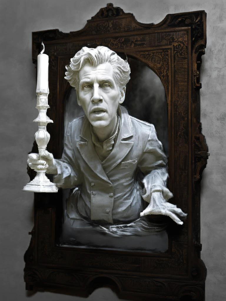 a picture of a man holding a candle in a frame , Dirk Crabeth, 3 d model, a surrealist sculpture, new sculpture, ghost come out from the mirror, ghost house, dark atmosphere<lora:ghost_in_the_mirror:1>