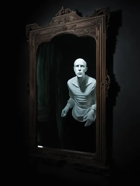 a group of four framed pictures of women , Dirk Crabeth, 3 d model, a surrealist sculpture, new sculpture, ghost come out from the mirror, ghost house, dark atmosphere<lora:ghost_in_the_mirror:1>