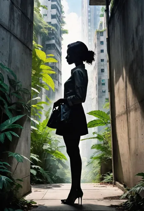Female silhouette, interwoven with urban and natural elements, photorealistic and sketch combination, concrete jungle merging with rainforest, stark contrast in textures, monochrome and color blend, thought-provoking juxtaposition, deep shadows, complex narrative, mixed media art