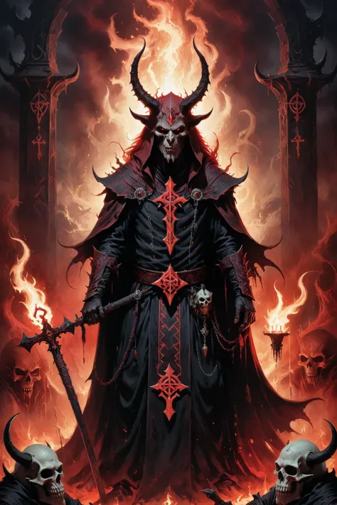 (illustration.media), masterpiece,best quality,  (A demonic ritualist with dark robes, sinister symbols, and glowing demonic runes. Demonic reds, eerie glows, and haunting shadows. Diabolical and menacing.), 8k, intricated detailed,  cinematic, <lora:add-detail-xl:1>,  <lora:xl_more_art-full_v1:0.8>,( <lora:John Blanche Style:0.8> john blanche art style)