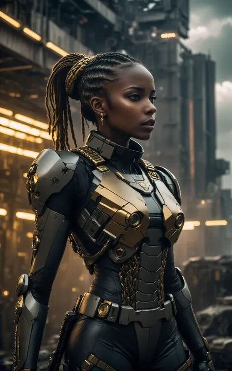 (moody cinematic still, intimate crop, dramatic pose:1.5),SimplePositiveXLv2, (intense dramatic lighting), ((darkskinned woman in scifi militarystyle uniform standing in front of mechatank)), sharp angles, embellished with intricate gold braiding and medals, commanding posture, (dystopian cityscape in the background), ominous clouds, deep shadows, sense of urgency and power,