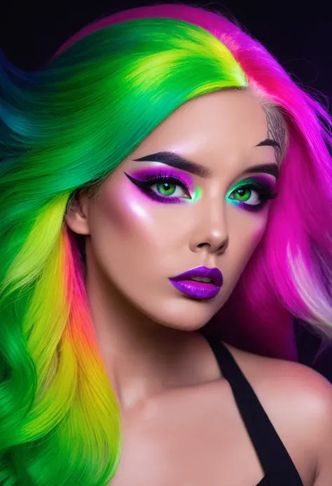 Holo-Punk Style, Studio Neon Photography, Bombshell mature female supermodel, solo, blonde hair, eyeshadow, green eyes, multicolored hair, pink hair, green hair, gradient hair, rainbow hair, lips, lipstick, long hair, makeup, portrait, purple lips, closed mouth, neon halo, dark photography, Noir Neon photography, gradient, gradient background, masterpiece, official art, <lora:HoloPunkXL:0.8>