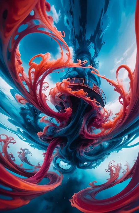 photograph, cinematic color grading, <lora:EnvyInkSwirlXL01:1>morning, blue sky, clouds, architecture, "at the Rusty ultimate hypergate" made of infra deep red-orange swirling ink, underwater<lora:EnvyBetterHiresFixXL01:0:hr=1>