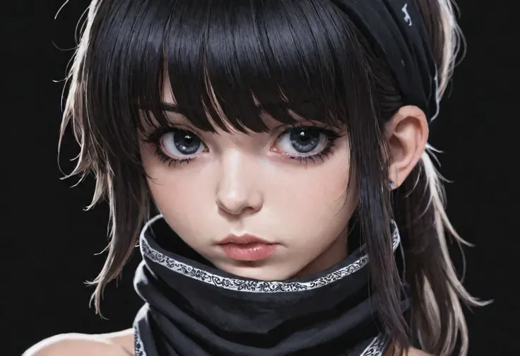 emogirl, bangs, black, black background, bandana over mouth