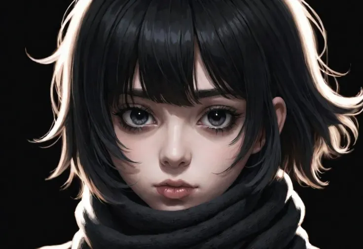 shadow covering half the face, emogirl, bangs, black, black background, scarf over mouth, realistic