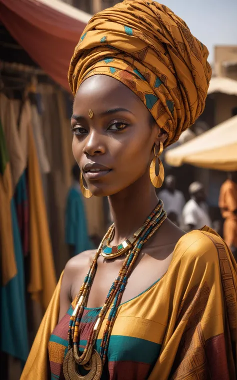 (moody cinematic still, intimate crop, dramatic pose:1.5),SimplePositiveXLv2, [Nubian:West African:0.5] theme, a majestic young Nubian woman standing proudly in a vibrant West African setting, adorned in ((luxurious traditional attire)), floor-length gown rich in geometric patterns and bold colors, wide sleeves, intricately beaded bodice, layered necklaces made of gold and precious stones, a headwrap with elaborate folds, showcasing the richness of West African textiles, her skin glowing, adorned with subtle traditional face paint highlighting her features, gold hoop earrings, her posture regal, a blend of cultural heritage and contemporary elegance, the background a lively market scene, colorful stalls displaying an array of fabrics and crafts, warm, golden sunlight casting long shadows, creating a harmonious interplay of light and color, a bustling atmosphere yet she remains the undoubted focal point, her gaze powerful and serene, embodying the essence of Nubian grace and West African vibrance
