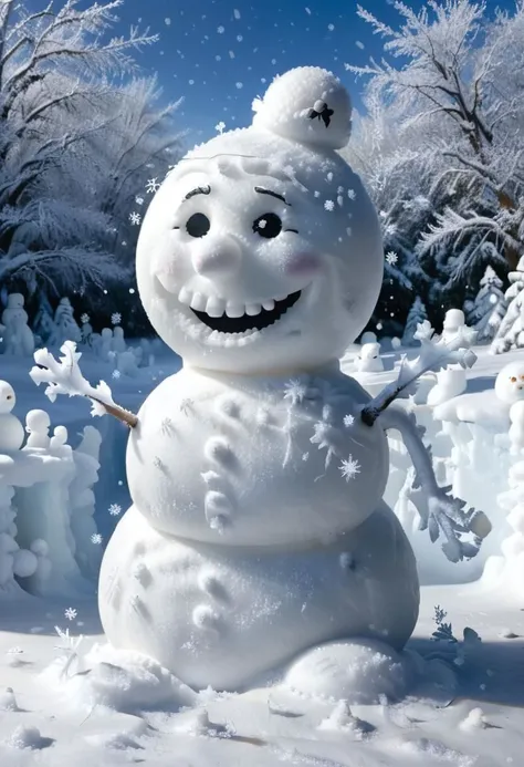 professional breathtaking cinematic movie still made of snow, outside in a sunlit blizzard ice storm, funny snowman made of snow