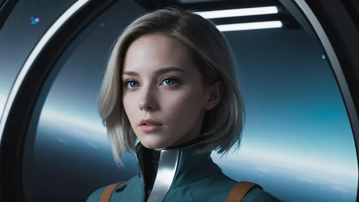 (Layered Depth, Parallax Effect, Soft focus foreground:1.3),surreal,(detailed landscape:1.1),(whimsical atmosphere:1.1),(powerful energy:1.1), (over the shoulder:1.1), movie still, side view, spaceship cockpit, beautiful young skinny auburn caucasian adult woman sitting in spaceship cockpit looking over shoulder at viewer, glowing holographic instruments, (beautiful face:1.11), from behind, smart fabric jumpsuit:1.3, lightweight structured jacket with sharp geometric lines, utility belt, kneehigh boots, fingerless gloves, (large spaceship cockpit with highly polished flooring and stellar view), backlit hair, perfect face, (pale freckles:0.6), (black and silver accents), perfect eyes, (studio lighting:0.3), low key, thin pouting lips, (white bob hair, ombre++ hair:1.2), wide set soft+ turquoise++ eyes, skin pores, (small retrousse nose:1.2), (pale skin), ultra detailed, (Intricate Environment)++, best quality, masterpiece, dramatic angle, highest detailed face, eyelid shimmer makeup, silver eyeshadow, iridescent cheekbones, muted rose lips, deep space blue, BREAK, starlight silver, nebula pink, and black hole black, planetary rings, asteroid clusters, geometric shapes, angular contours, Holographic control panels, chiaroscuro effects, reflective surfaces, starfilled skies, distant galaxies, Chrome finishes, brushed steel, shimmering surfaces, iridescent materials, Minimalist design, clean lines, modernistic details, 8k, best quality, masterpiece, (large covered breasts:0.9)